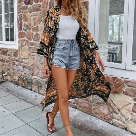 New Boho Country Cottage Kimono Maxi Long Robe Jacket Duster - Picture 2 of 9